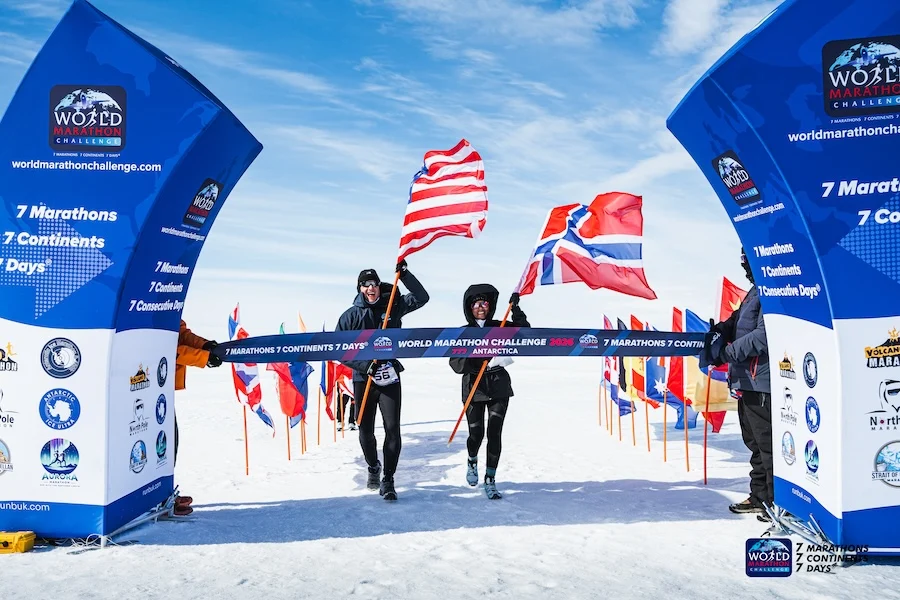 World Marathon Challenge finish line on the Antarctic stage